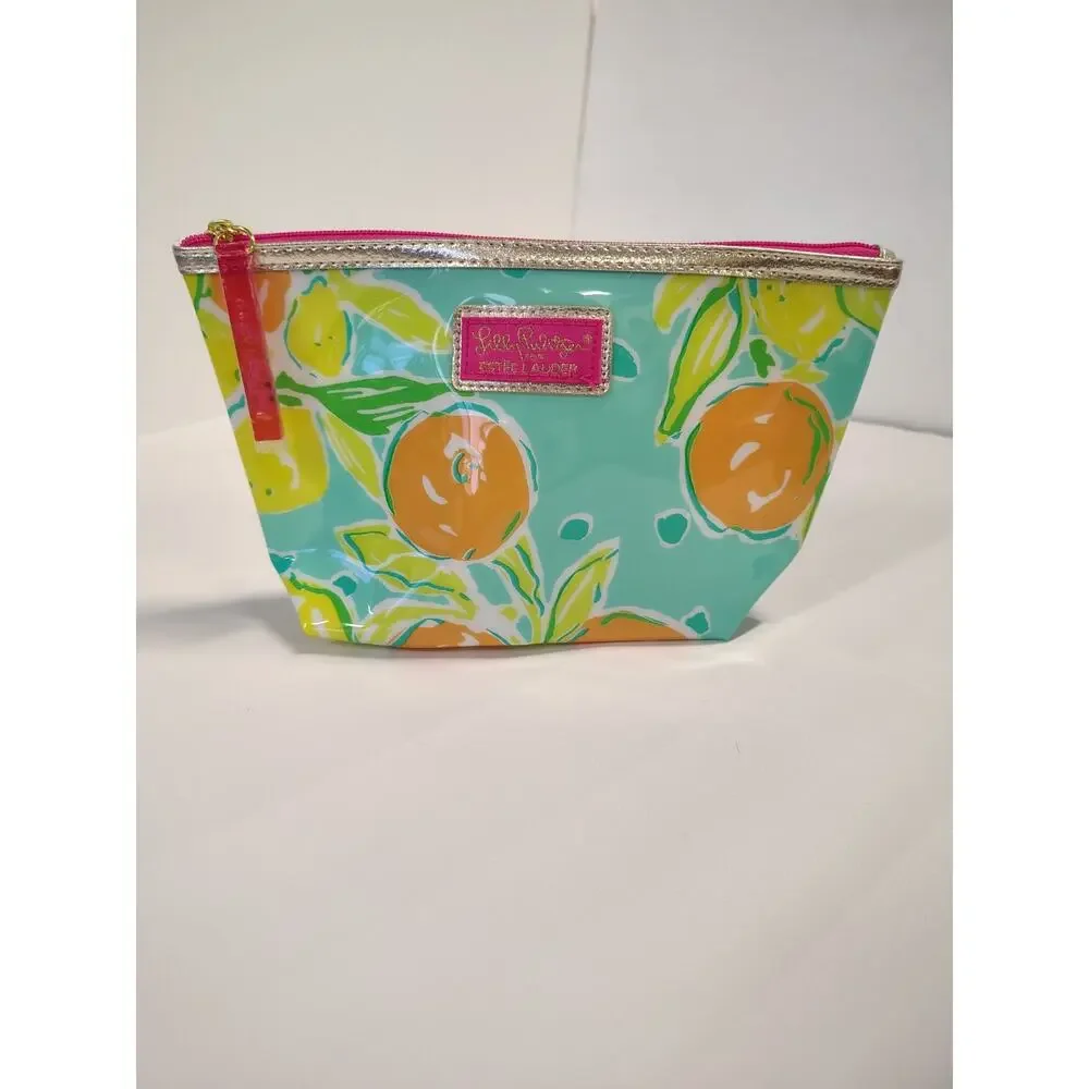 Lilly Pulitzer Estee Lauder NEW Cosmetic Makeup Bag Citrus Summer PVC Pink Blue